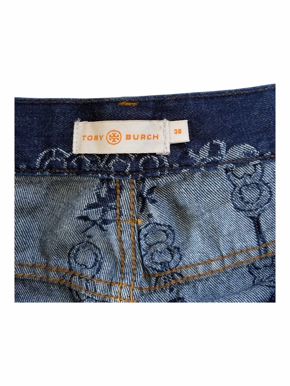 Tory Burch Navy Logo-Stripe Straight Leg Ribbon Jeans. Size 30. Lightly worn!